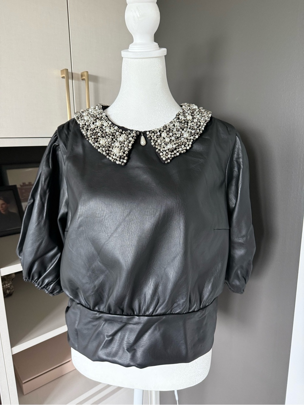 Anthropologie Black Faux-Leather Blouse with Beaded Pearl Collar